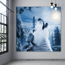 Lade das Bild in den Galerie-Viewer, Spannrahmenbild Wolf der zum Mond heult Quadrat
