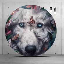 Lade das Bild in den Galerie-Viewer, Aluminiumbild gebürstet Wolf Floral Kreis
