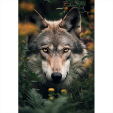 Lade das Bild in den Galerie-Viewer, Spannrahmenbild Wolf im Wald der Blumen Hochformat
