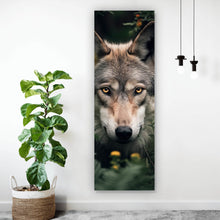 Lade das Bild in den Galerie-Viewer, Spannrahmenbild Wolf im Wald der Blumen Panorama Hoch
