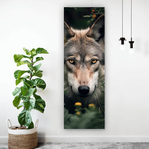 Aluminiumbild gebürstet Wolf im Wald der Blumen Panorama Hoch
