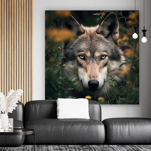 Aluminiumbild gebürstet Wolf im Wald der Blumen Quadrat