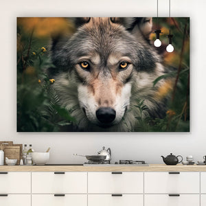 Acrylglasbild Wolf im Wald der Blumen Querformat