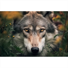 Lade das Bild in den Galerie-Viewer, Leinwandbild Wolf im Wald der Blumen Querformat
