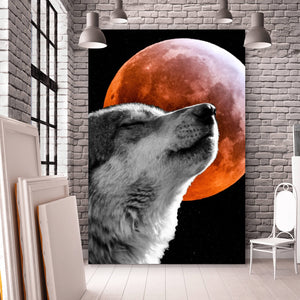Aluminiumbild Wolf mit Blutmond Hochformat