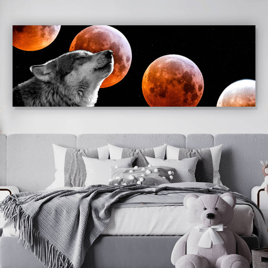 Spannrahmenbild Wolf mit Blutmond Panorama