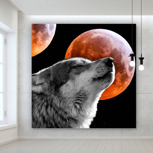 Leinwandbild Wolf mit Blutmond Quadrat