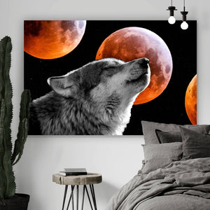 Aluminiumbild gebürstet Wolf mit Blutmond Querformat