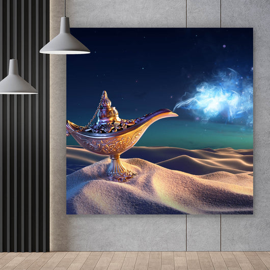 Spannrahmenbild Wunderlampe in der Wüste bei Nacht Quadrat