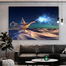 Lade das Bild in den Galerie-Viewer, Leinwandbild Wunderlampe in der Wüste bei Nacht Querformat
