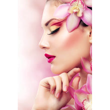 Lade das Bild in den Galerie-Viewer, Aluminiumbild Wunderschöne Frau mit Orchideenblüten Hochformat
