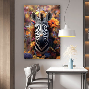 Spannrahmenbild Zebra mit Blüten Hochformat