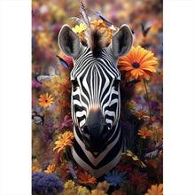 Lade das Bild in den Galerie-Viewer, Leinwandbild Zebra mit Blüten Hochformat
