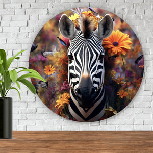 Aluminiumbild gebürstet Zebra mit Blüten Kreis