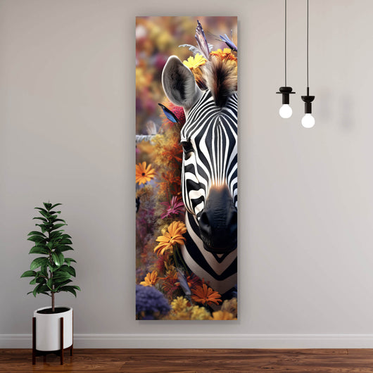 Acrylglasbild Zebra mit Blüten Panorama Hoch