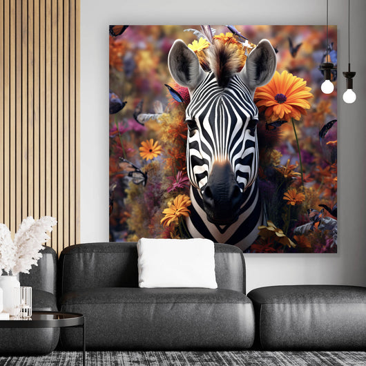 Leinwandbild Zebra mit Blüten Quadrat