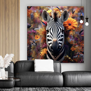 Spannrahmenbild Zebra mit Blüten Quadrat