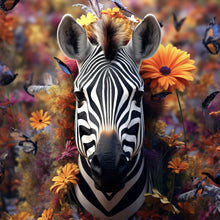 Lade das Bild in den Galerie-Viewer, Aluminiumbild Zebra mit Blüten Quadrat
