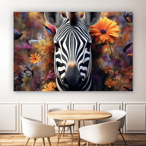 Aluminiumbild gebürstet Zebra mit Blüten Querformat