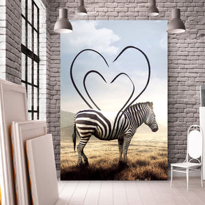 Acrylglasbild Zebra mit Herzstreifen Hochformat