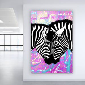 Aluminiumbild gebürstet Zebras All you need is love Hochformat