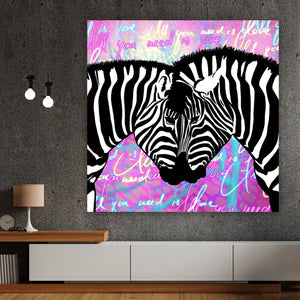 Aluminiumbild gebürstet Zebras All you need is love Quadrat