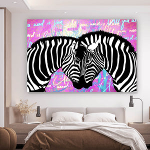 Aluminiumbild gebürstet Zebras All you need is love Querformat