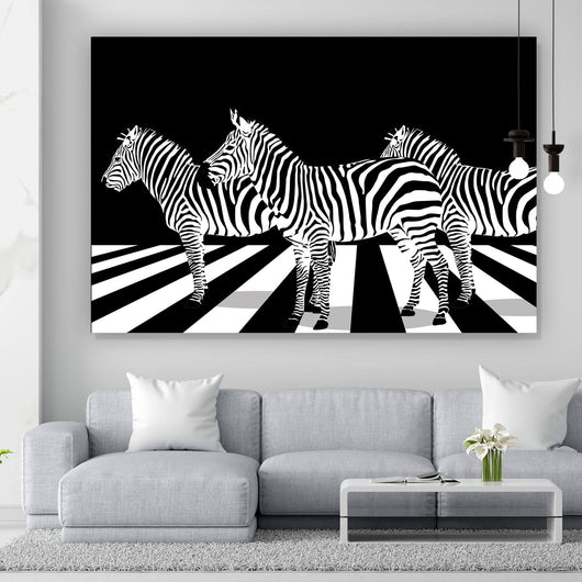 Aluminiumbild gebürstet Zebras auf Zebrastreifen Querformat