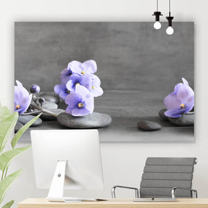 Aluminiumbild Zen Steine mit Lila Blumen Querformat