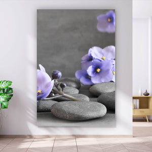 Aluminiumbild Zen Steine mit Lila Blumen Hochformat