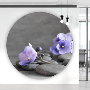 Aluminiumbild Zen Steine mit Lila Blumen Kreis
